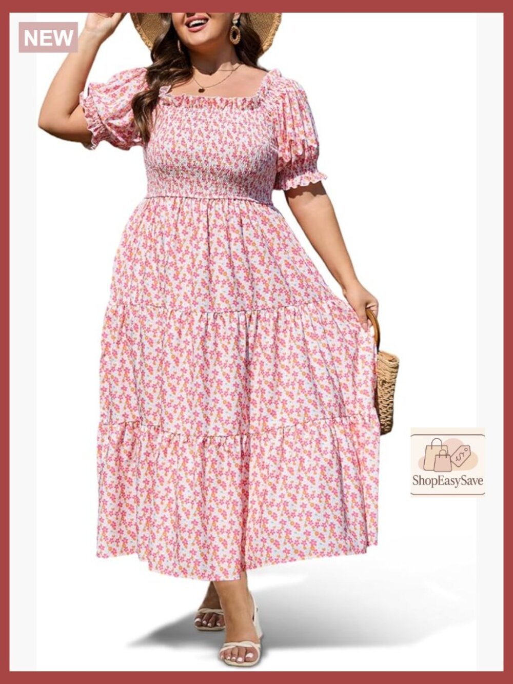 Plus Size Maxi Dress Square Neck Smocked Puff Sleeve Flowy Summer Casual